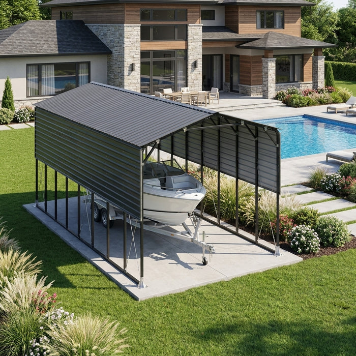 3.7 x 9 m Metal Shed Boat Shelter, 3.75 m Peak Height, 3.39 m Clearance TMG-MSB1230 TMG Industrial CA