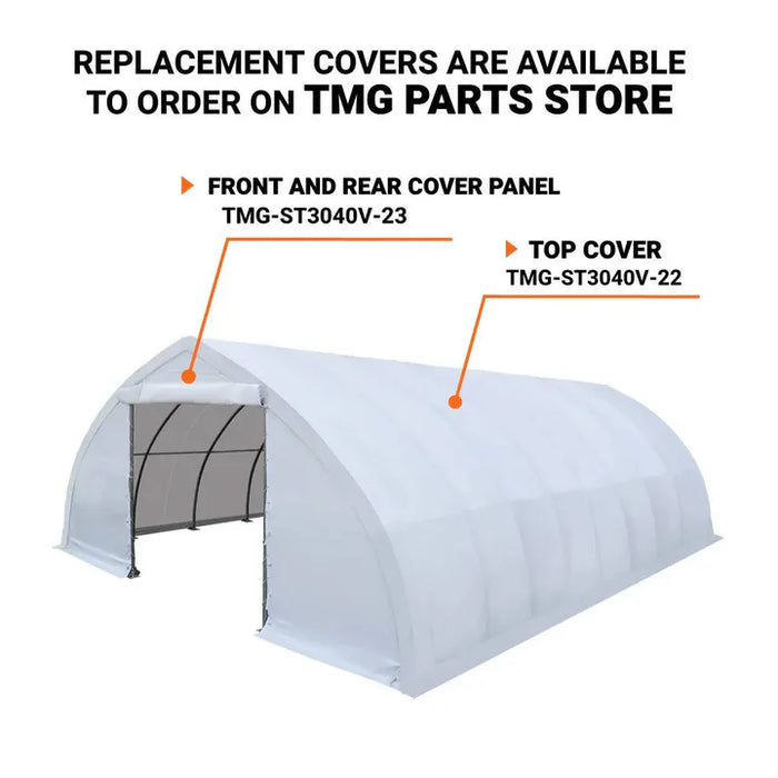 9m × 12m Peak Ceiling Storage Shelter with Heavy Duty 450 GSM PVC Cover & Drive Through Doors, TMG-ST3042V (Previously ST3040V) TMG Industrial Australia