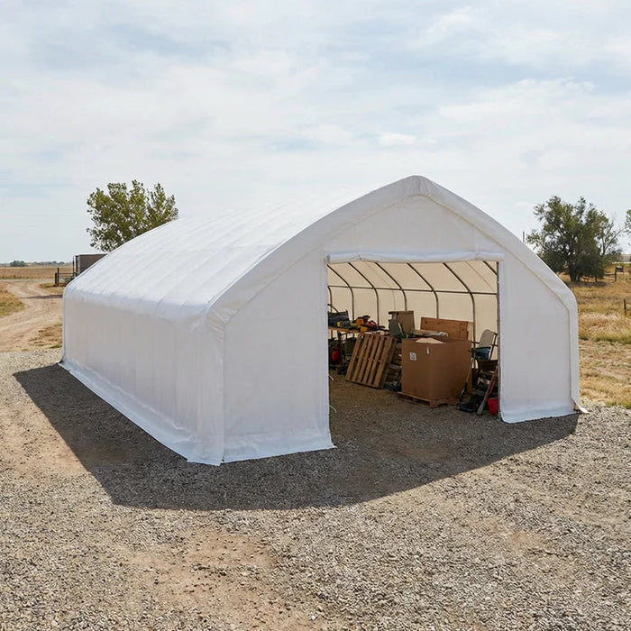 9 x 15 m Straight Wall, Peak Ceiling Storage Shelter with PVC Cover, TMG-ST3052V (Previously ST3050V) TMG Industrial Australia