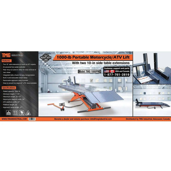 TMG Industrial 1000 lb Portable Motorcycle/ATV Scissor Lift, 44” Work Platform, 10” Side Panel Extensions, Front Vise Kit, TMG-1000PML