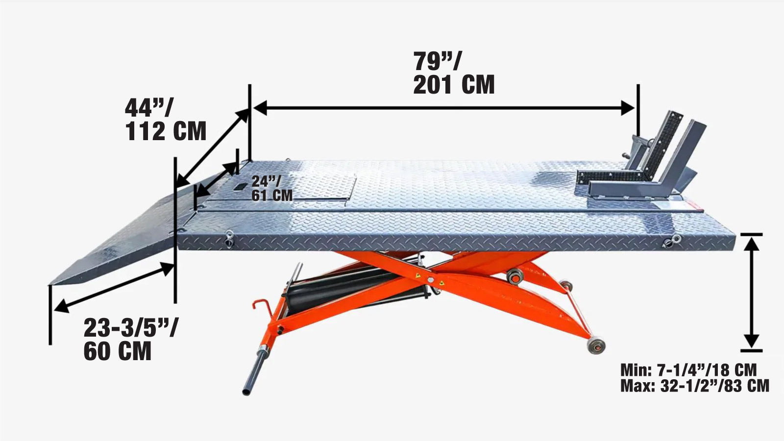 455 kg (1000 lb) Portable Motorcycle/ATV Scissor Lift, 1.12 m (44″) Work Platform, TMG‑1000PML-specifications-image