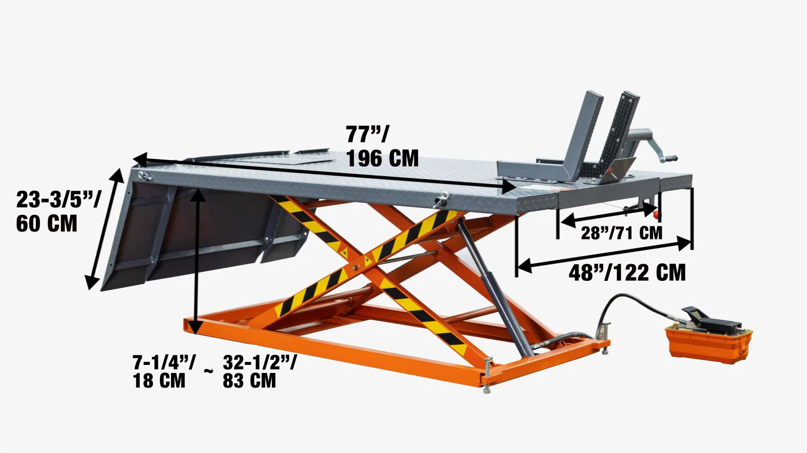 680 kg (1500 lb) Portable Motorcycle/ATV Scissor Lift, 1.22 m (48″) Work Platform, TMG‑1500PML-specifications-image