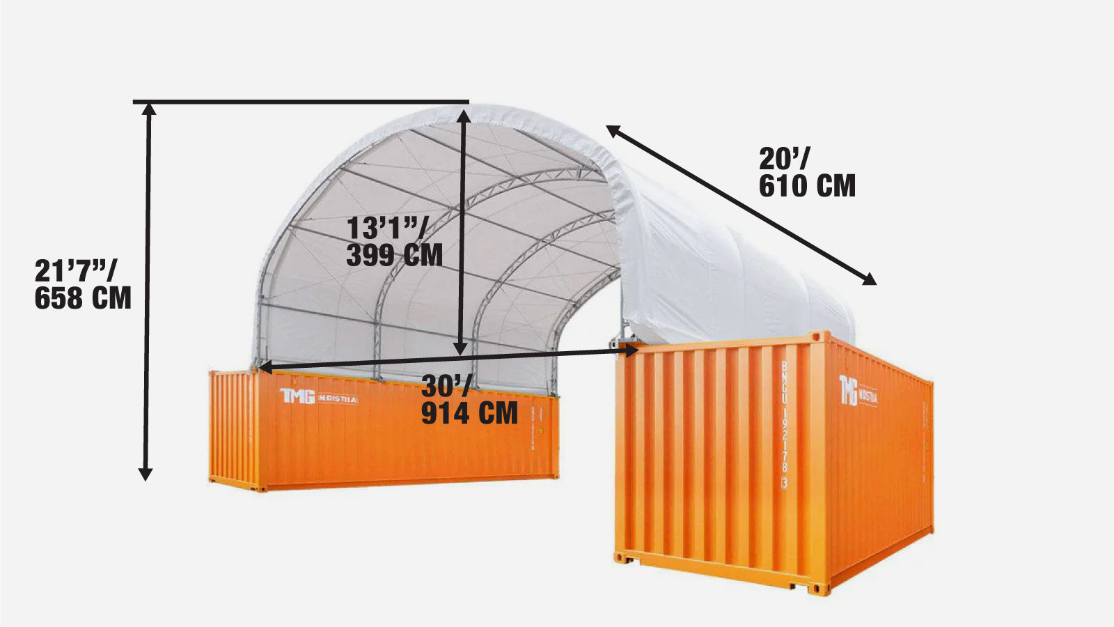 9 x 6m Double Truss Storage Shelter for 20ft Container, 580gsm PVC Fabric Cover, TMG-DT3020C-specifications-image