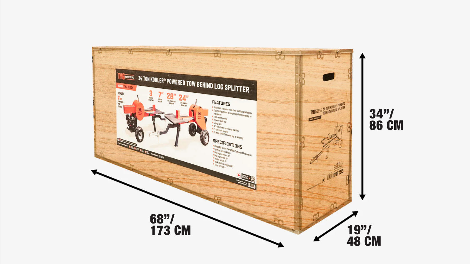 34 Ton ATV/UTV Tow-Behind Log Splitter, 710 mm (28″) Cutting Capacity, Kohler 7 HP Engine, TMG-GLS34-shipping-info-image