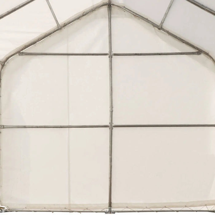 TMG Industrial 15’ x 25’ RV/Motorhome Storage Shelter, 17 oz PVC Fabric Cover, Front Roll-Up Door, Enclosed Rear Wall, 3-Layer Galvanized Steel Frame, 10’ Straight Sidewalls, TMG-ST1525