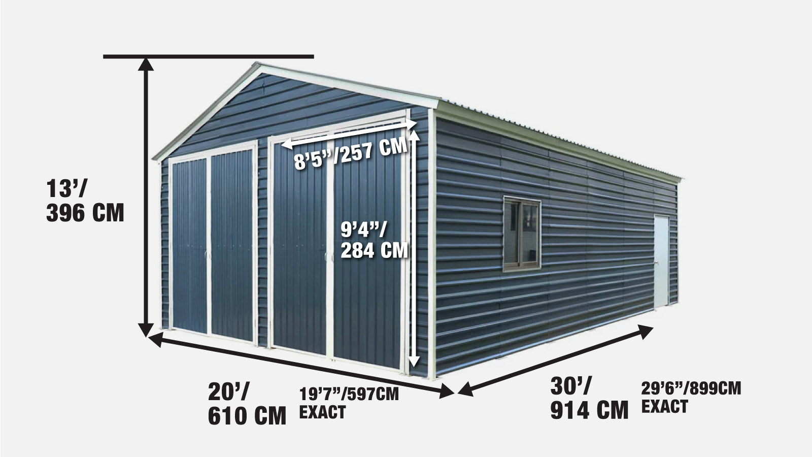 6 x 9 m Metal Garage Shed with Double Front & Side Doors, 4 m Peak Height, TMG-MS2030-specifications-image