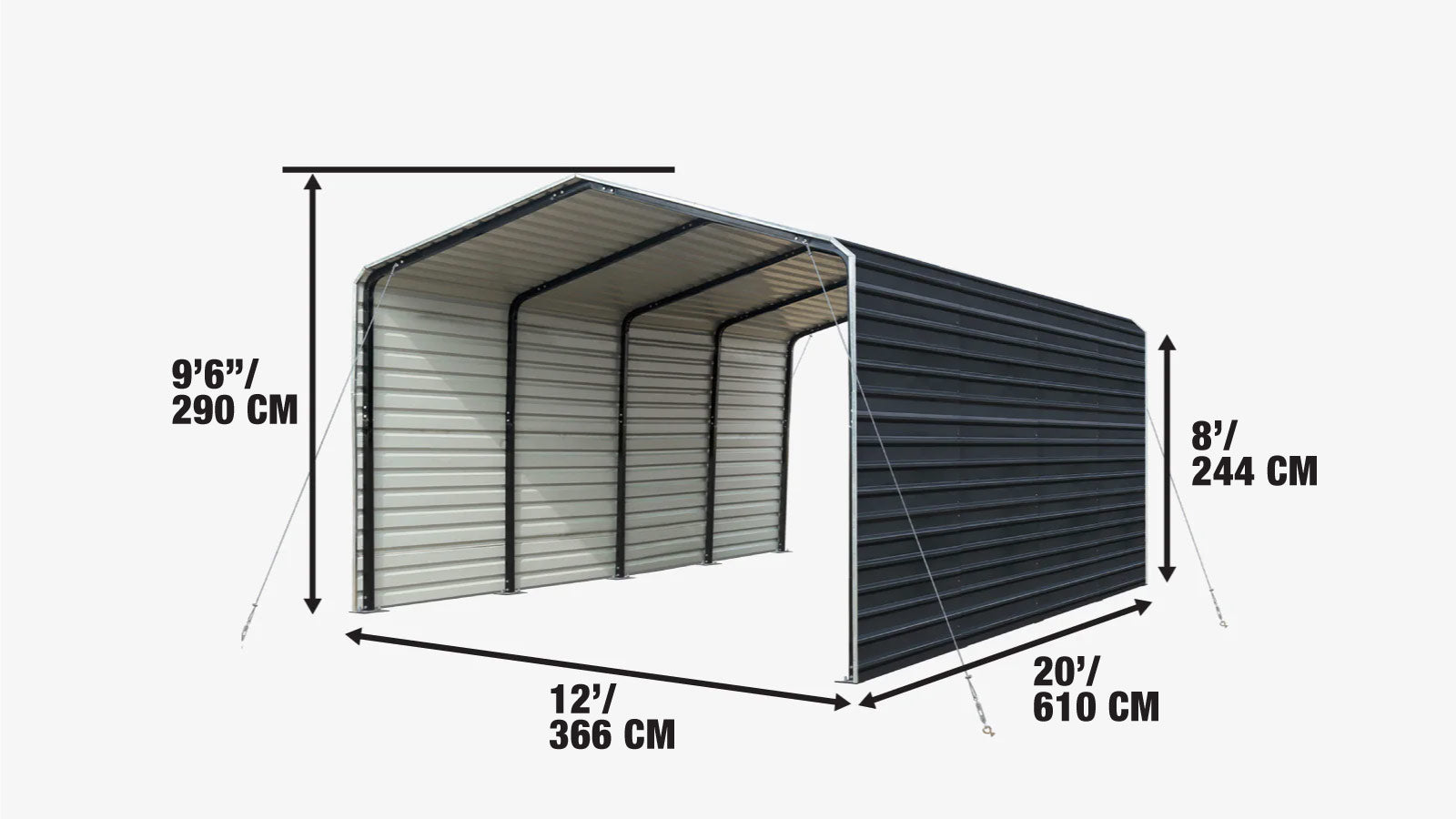 3.6 × 6 m Metal Shed Carport with 2.4 m Enclosed Sidewalls, 2.9 m Peak Height, TMG-MSC1220F-specifications-image