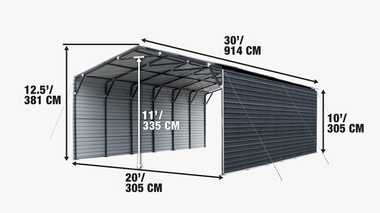 6 × 9 m Metal Shed Carport with 2.9 m Enclosed Sidewalls, 3.8 m Peak Height, TMG-MSC2030F-specifications-image