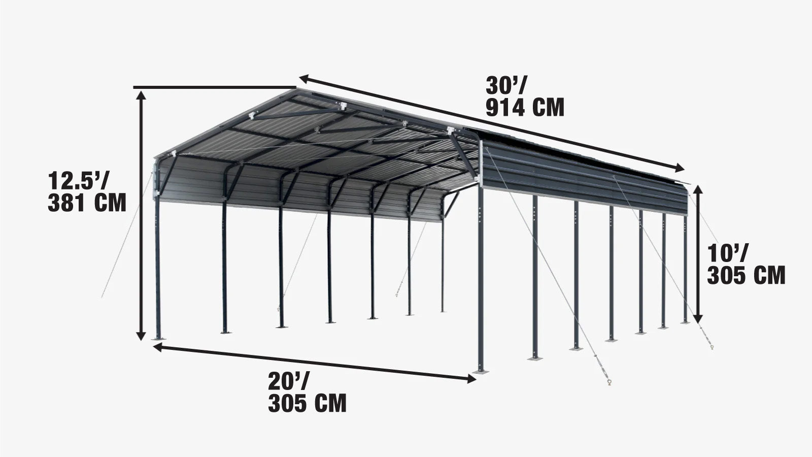 6 × 9 m Metal Shed Carport with 2.9 m Open Sidewalls, 3.8 m Peak Height, TMG-MSC2030-specifications-image