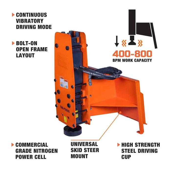 TMG Industrial Skid Steer Post Pounder, 10” Post Diameter, 800 Ft-lb Energy Class, 400-800 BPM Pounding Rate, TMG-PD950S