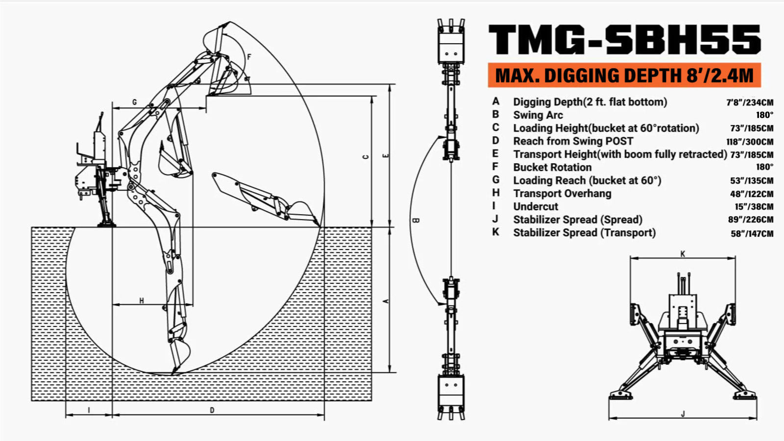 2340 mm Skid Steer Backhoe Attachment, Universal Mount, 180° Boom and Bucket Rotation TMG-SBH55-specifications-image