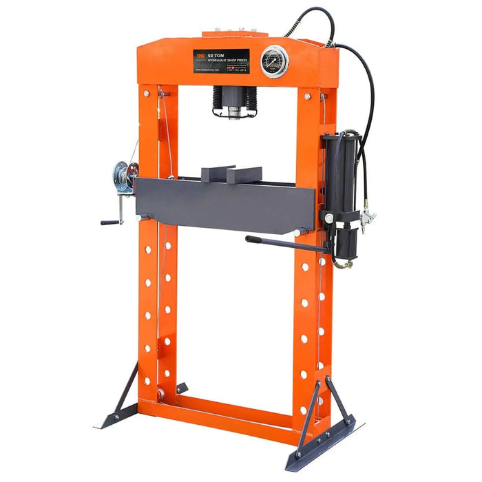 TMG Industrial 50 Ton Capacity Hydraulic Shop Press, Heavy Duty Pressing, Fully Welded H-Frame, Air & Manual Dual Operation, TMG-SP50