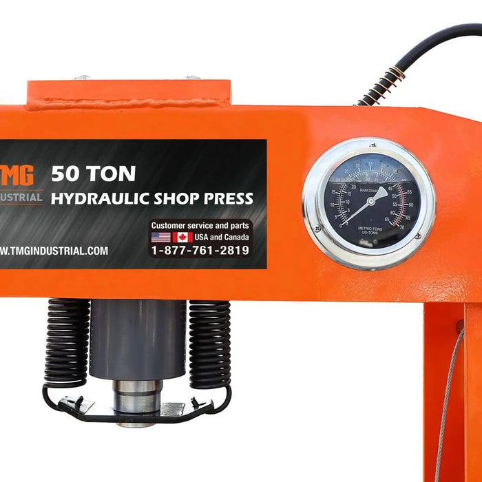 TMG Industrial 50 Ton Capacity Hydraulic Shop Press, Heavy Duty Pressing, Fully Welded H-Frame, Air & Manual Dual Operation, TMG-SP50