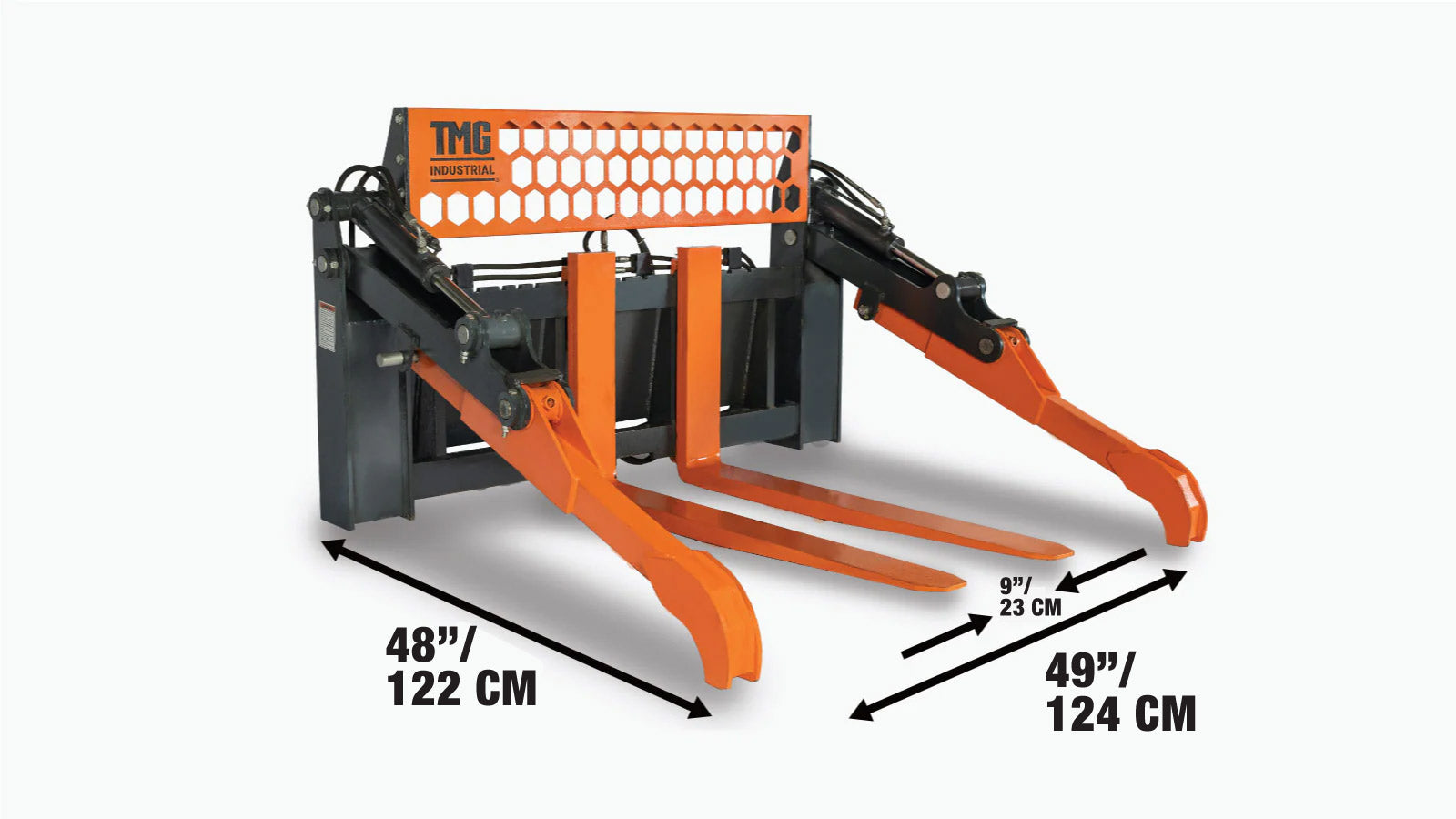 1.2 m Skid Steer Pallet Fork Pipe Grapple, Dual Hydraulic Cylinders, 2700kg Capacity, TMG-SPG45-specifications-image