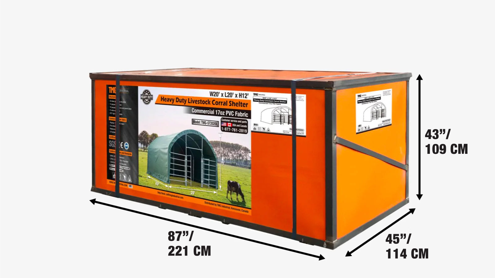 20’ x 20’ Livestock Corral Shelter, Powder Coated Structure, 12’ Dome Roof, 17 oz Military Green PVC Fabric Covering, 6-Bar Corral Panels, 5’ Front Swing Gate, TMG-ST2020L-shipping-info-image