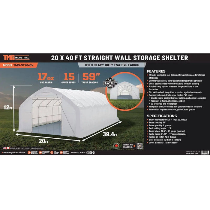 TMG Industrial 20' x 40' Straight Wall Peak Ceiling Storage Shelter with Heavy Duty 17 oz PVC Cover & Drive Through Door, TMG-ST2041V (Previously ST2040V)