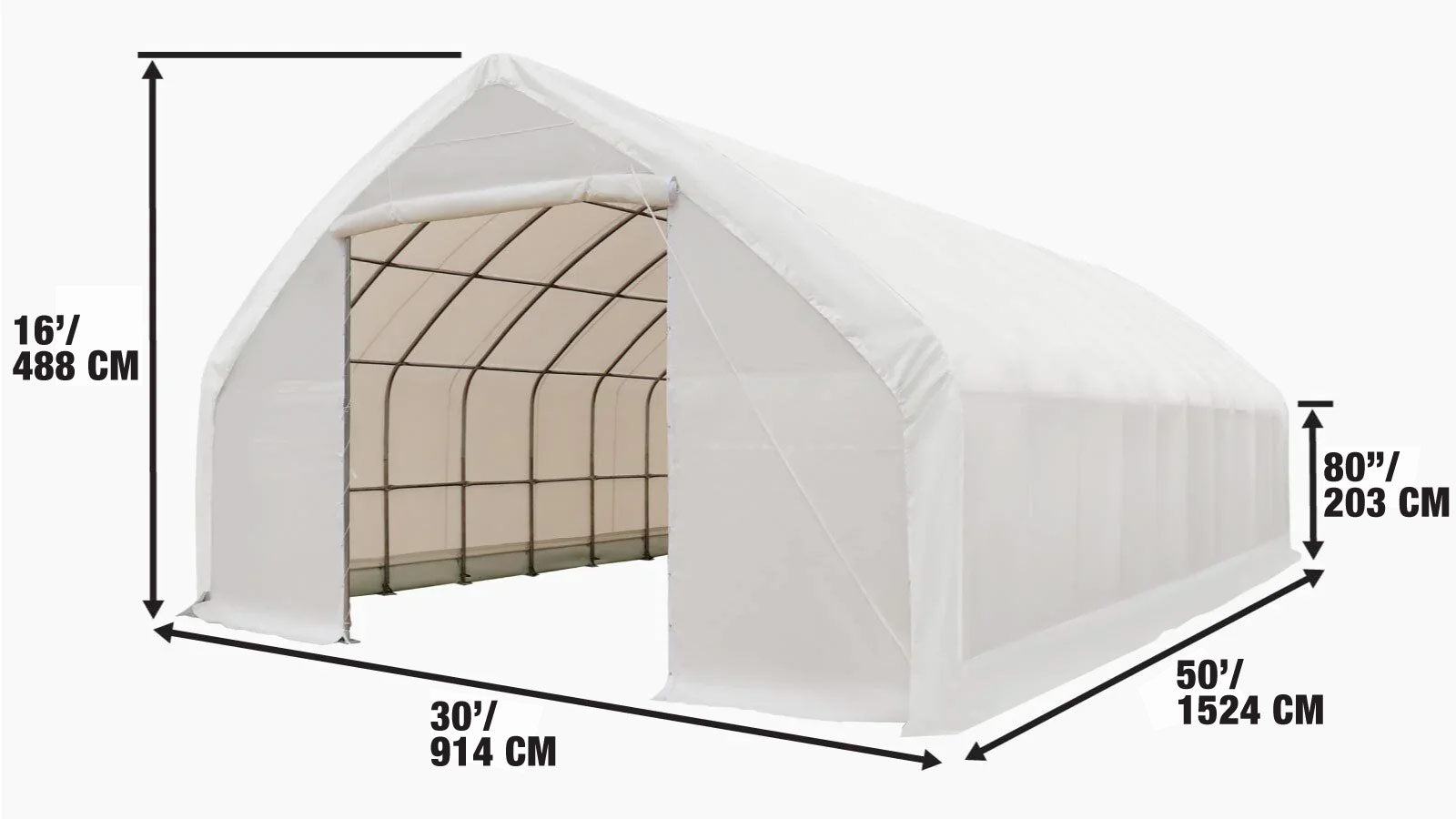 9 x 15 m Straight Wall, Peak Ceiling Storage Shelter with 300 GSM PECover, TMG-ST3050E-specifications-image