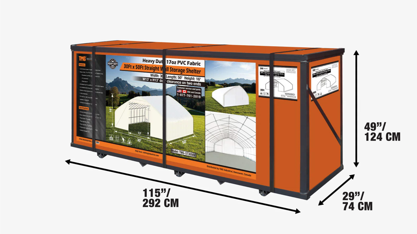 9 x 15 m Straight Wall, Peak Ceiling Storage Shelter with PVC Cover, TMG-ST3050V-shipping-info-image