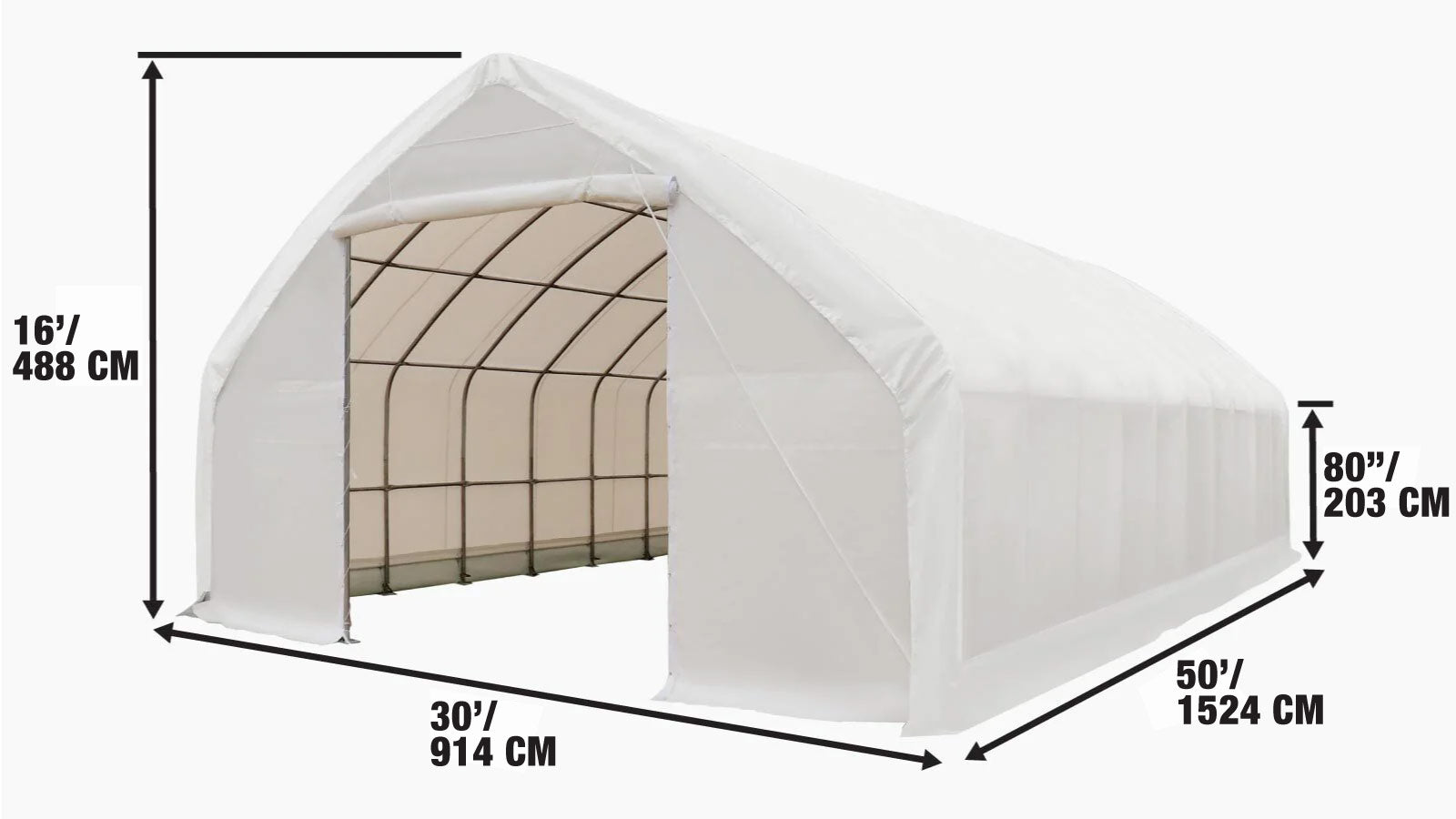 9 x 15 m Straight Wall, Peak Ceiling Storage Shelter with PVC Cover, TMG-ST3050V-specifications-image