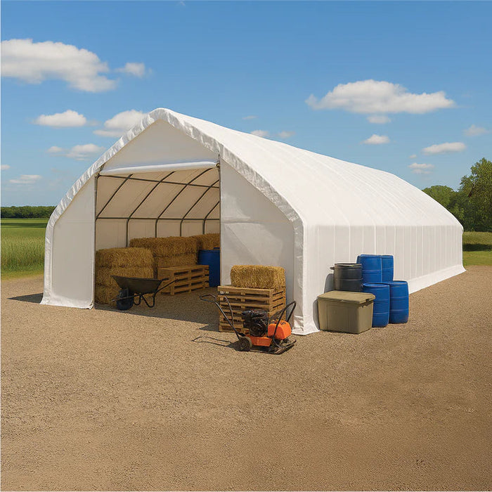 9 x 15 m Straight Wall Peak Ceiling Storage Shelter with Heavy Duty 300 GSM PE Cover TMG-ST3052E (Previously ST3050E) TMG Industrial Australia