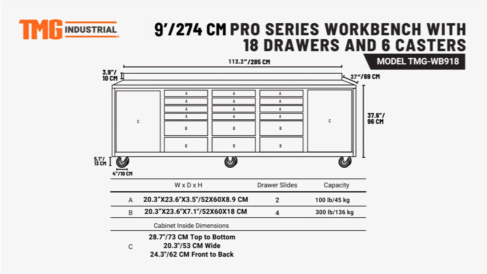 2.8m Workbench with Stainless Steel Benchtop and 18 Drawers, TMG-WB918-specifications-image