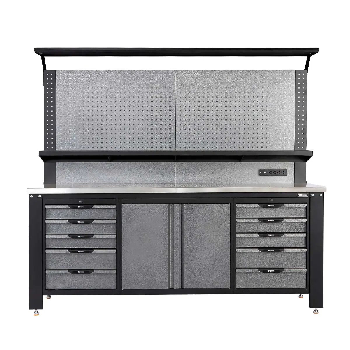 TMG Industrial 7’ Extreme Duty Steel Garage Workbench w/Pegboards, Adjustable Shelving, Power Outlets, USB Port, Magnetic Motion LED Lamps, TMG-WBC07-W