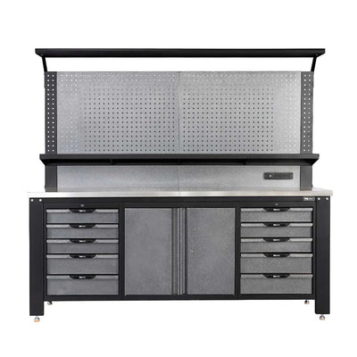 TMG Industrial 7’ Extreme Duty Steel Garage Workbench w/Pegboards, Adjustable Shelving, Power Outlets, USB Port, Magnetic Motion LED Lamps, TMG-WBC07-W