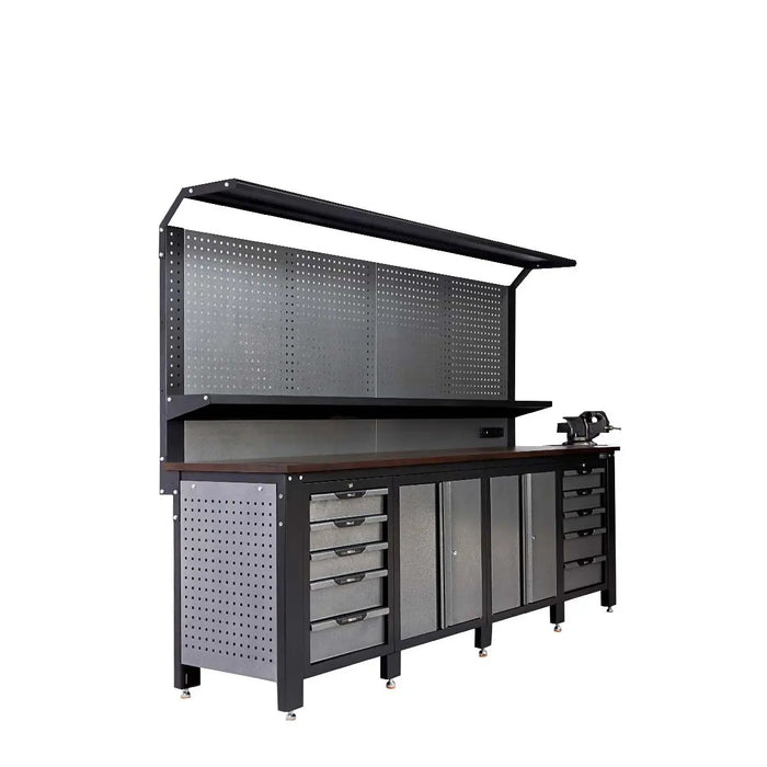 TMG Industrial 10’ Extreme-Duty Steel Garage Workbench w/Pegboards and 4" Bench Vice, Adjustable Shelving, Power Outlets, USB Port, Magnetic Motion LED Lamps, TMG-WBC10