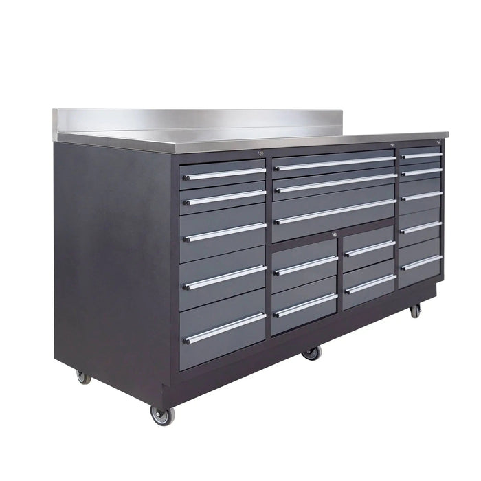 Pro Series 7-Ft 17-Drawer Workbench with Stainless Steel Top, Ball Bearing Double Slides & Casters, TMG-WB717