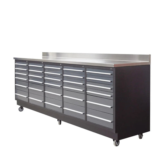 Pro Series 9-Ft 30-Drawer Workbench with Stainless Steel Top, Ball Bearing Double Slides & Casters, TMG-WB930